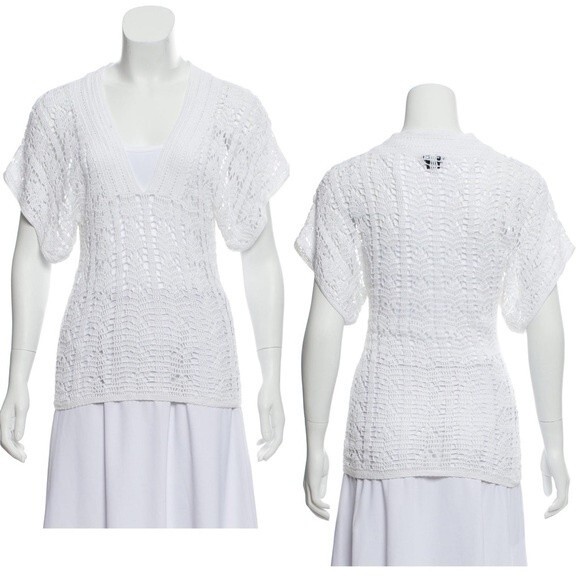 THEORY Crochet Open Knit Top Medium Unlined White Coastal Resortwear Bohemian - Picture 2 of 10